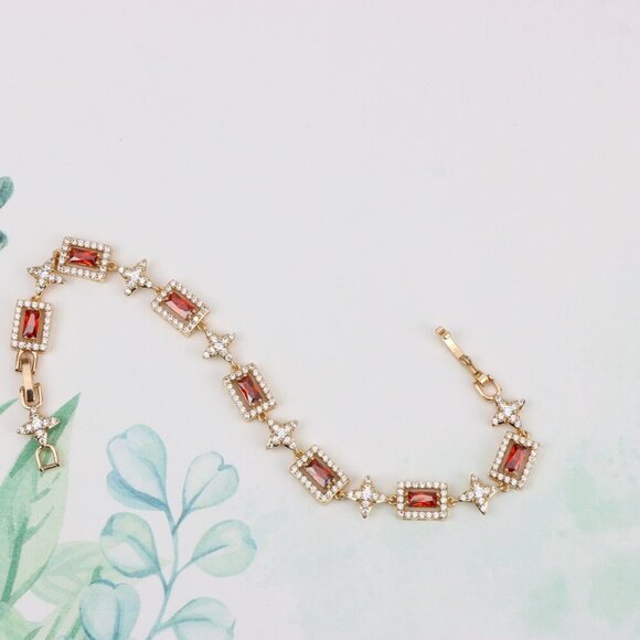 "Rose Gold Bracelet with Red Baguette Stones and Star CZ Links, XPBL0818 - Picture 2 of 12